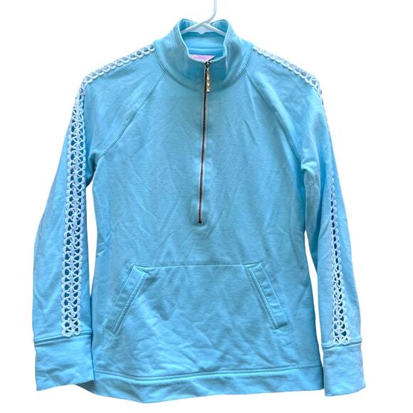 Lilly Pulitzer Tops - Lilly Pulitzer Skipper Popover Quarter Zip Sweatshirt Blue Lace Accents Women XS